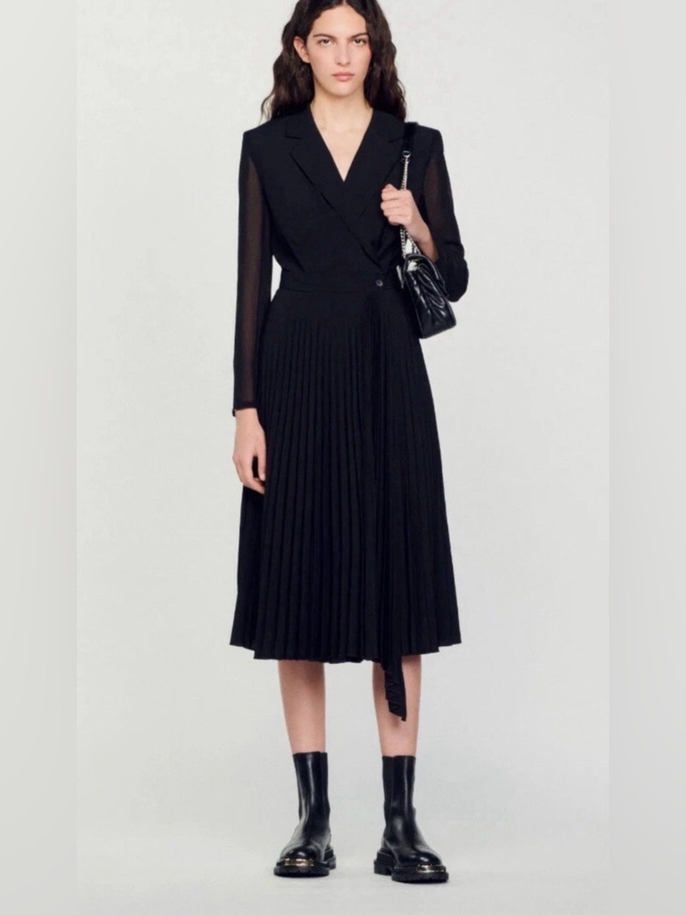 Sandro Paris Black Pleated Midi Dress | Dual Material | US 2 | Elegant - Picture 7 of 16